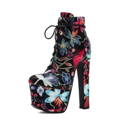 Round Toe Block Heels Printed Platforms Lace Up Flowers Ankle Highs Platform Boots - Black Faux Leather
