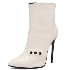 Pointed Toe Stiletto Heels Side Zipper Ankle Highs Booties - White Faux Leather