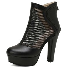 Round Toe Cuban Heels Sexy Back Zipper Low Platforms Summer Boots - Black Faux Leather