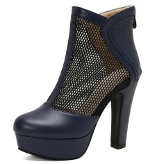 Round Toe Cuban Heels Sexy Back Zipper Low Platforms Summer Boots - Blue Faux Leather