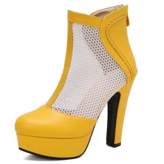 Round Toe Cuban Heels Sexy Back Zipper Low Platforms Summer Boots - Yellow Faux Leather