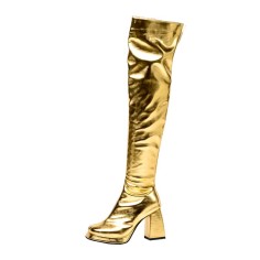 Square Toe Chunky Heels Side Zipper Over The Knees Thigh Highs Glossy Boots - Gold Patent