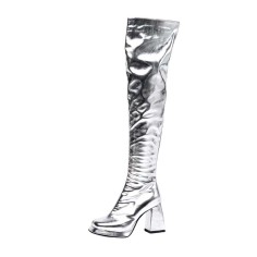 Square Toe Chunky Heels Side Zipper Over The Knees Thigh Highs Glossy Boots - Silver Patent