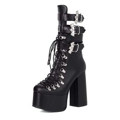 Round Toe Platforms Gothic Straps Platforms Lace Up Chunky Heels Ankle Highs Motorcycle Boots - Black Faux Leather