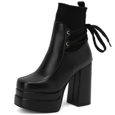 Square Toe Chunky Heels Decorated Socks with Double Platforms Boots - Black Faux Leather