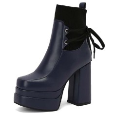 Square Toe Chunky Heels Decorated Socks with Double Platforms Boots - Blue Faux Leather