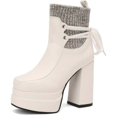 Square Toe Chunky Heels Decorated Socks with Double Platforms Boots - White Faux Leather