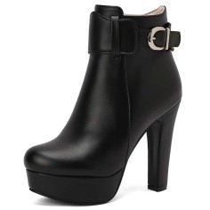 Round Toe Cuban Heels Side Zipper Ankle Highs Decorated Straps Low Platforms Boots - Black Faux Leather