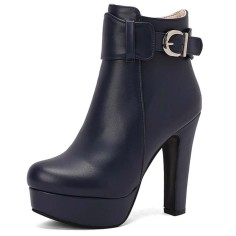 Round Toe Cuban Heels Side Zipper Ankle Highs Decorated Straps Low Platforms Boots - Blue Faux Leather