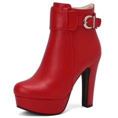 Round Toe Cuban Heels Side Zipper Ankle Highs Decorated Straps Low Platforms Boots - Red Faux Leather