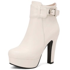 Round Toe Cuban Heels Side Zipper Ankle Highs Decorated Straps Low Platforms Boots - White Faux Leather