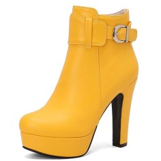 Round Toe Cuban Heels Side Zipper Ankle Highs Decorated Straps Low Platforms Boots - Yellow Faux Leather