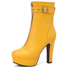 Round Toe Cuban Heels Front Zipper Ankle Highs Decorated Straps Low Platforms Boots - Yellow Faux Leather