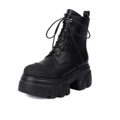 Round Toe Lace Up Platforms Chunky Heels Ankle High Side Zipper Boots  - Black Faux Leather