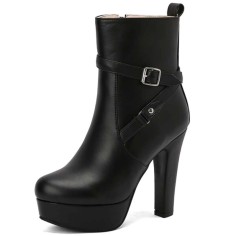 Round Toe Cuban Heels Side Zipper Ankle Highs Decorated Straps Low Platforms Boots - Black Faux Leather