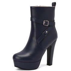 Round Toe Cuban Heels Side Zipper Ankle Highs Decorated Straps Low Platforms Boots - Blue Faux Leather