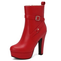 Round Toe Cuban Heels Side Zipper Ankle Highs Decorated Straps Low Platforms Boots - Red Faux Leather