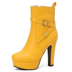 Round Toe Cuban Heels Side Zipper Ankle Highs Decorated Straps Low Platforms Boots - Yellow Faux Leather