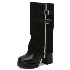 Round Toe Chunky Heels Knee Highs Denim Trends Platforms Boots - Black Faux Leather