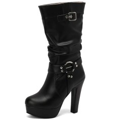 Round Toe Cuban Heels Motorcycle Biker Style Knee Highs Low Platforms Boots - Black Faux Leather