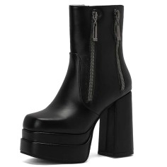 Square Toe Chunky Heels Side Zipper Ankle Highs Double Platforms Boots - Black Faux Leather