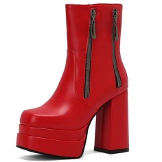 Square Toe Chunky Heels Side Zipper Ankle Highs Double Platforms Boots - Red Faux Leather