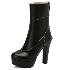 Round Toe Cuban Heels Sexy Decorated Zipper Low Platforms Boots - Black Faux Leather