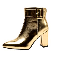 Pointed Toe Square Buckle Side Zipper Ankle Highs Chunky Heels Boots - Gold Faux Leather
