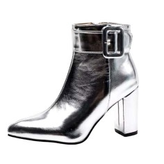 Pointed Toe Square Buckle Side Zipper Ankle Highs Chunky Heels Boots - Silver Faux Leather
