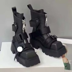 Square Toe Low Chunky Heels Motorcycle Steampunk Costumes Style Front Zipper Belt Buckle Chelsea Boots - Black Faux Leather