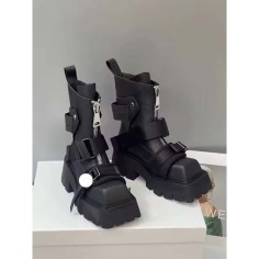 Square Toe Low Chunky Heels Motorcycle Steampunk Costumes Style Front Zipper Belt Buckle Chelsea Boots - Black Faux Leather