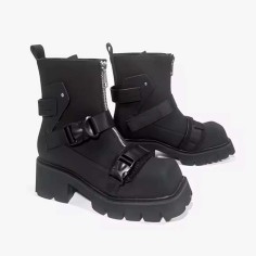 Square Toe Low Chunky Heels Motorcycle Steampunk Costumes Style Front Zipper Belt Buckle Chelsea Boots - Black Faux Leather