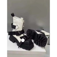 Square Toe Low Chunky Heels Motorcycle Steampunk Costumes Style Front Zipper Belt Buckle Chelsea Boots - White Faux Leather