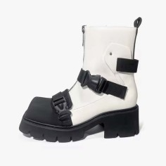 Square Toe Low Chunky Heels Motorcycle Steampunk Costumes Style Front Zipper Belt Buckle Chelsea Boots - White Faux Leather