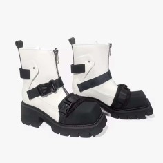 Square Toe Low Chunky Heels Motorcycle Steampunk Costumes Style Front Zipper Belt Buckle Chelsea Boots - White Faux Leather