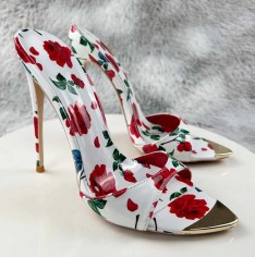 Gold Lipped Summer Pointed Toe Stiletto Slippers - Red Flowers on White