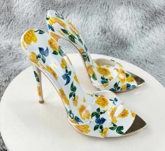 Gold Lipped Summer Pointed Toe Stiletto Slippers - Yellow Flowers on White