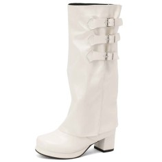 Round Toe Chunky Heels Knee Highs Turned-over Edge Winter Boots - White Faux Leather