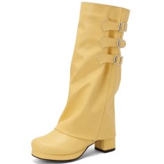 Round Toe Chunky Heels Knee Highs Turned-over Edge Winter Boots - Yellow Faux Leather