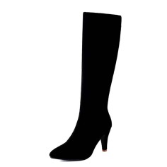 Pointed Toe Side Zipper Low Stilettos Knee Highs Autumn Boots - Black Flock