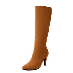 Pointed Toe Side Zipper Low Stilettos Knee Highs Autumn Boots - Brown Flock