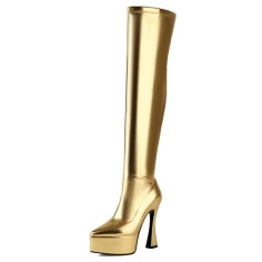Pointed Toe Curved Block Heels Zipper Over The Knee Thigh High Platforms Boots - Gold Faux Leather