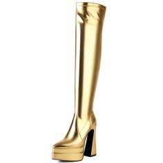 Pointed Toe Block Heels Zipper Over The Knee Thigh High Double Platforms Boots - Gold Faux Leather