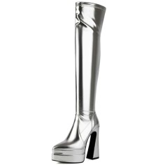Pointed Toe Block Heels Zipper Over The Knee Thigh High Double Platforms Boots - Silver Faux Leather