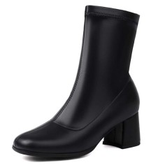 Round Toe Chunky Heels Pull On Ankle Highs Boots - Black Faux Leather