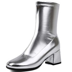 Round Toe Chunky Heels Pull On Ankle Highs Boots - Silver Faux Leather