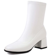 Round Toe Chunky Heels Pull On Ankle Highs Boots - White Faux Leather