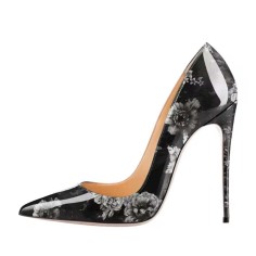 Pointed Toe Stiletto Heels Flowers Print Pumps - Black Patent