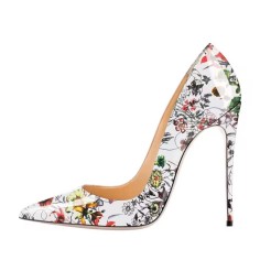 Pointed Toe Stiletto Heels Blooming Print Pumps - White Patent
