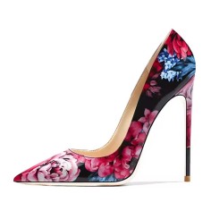 Pointed Toe Stiletto Heels Blue And Red Rose Print Pumps - Black Patent
